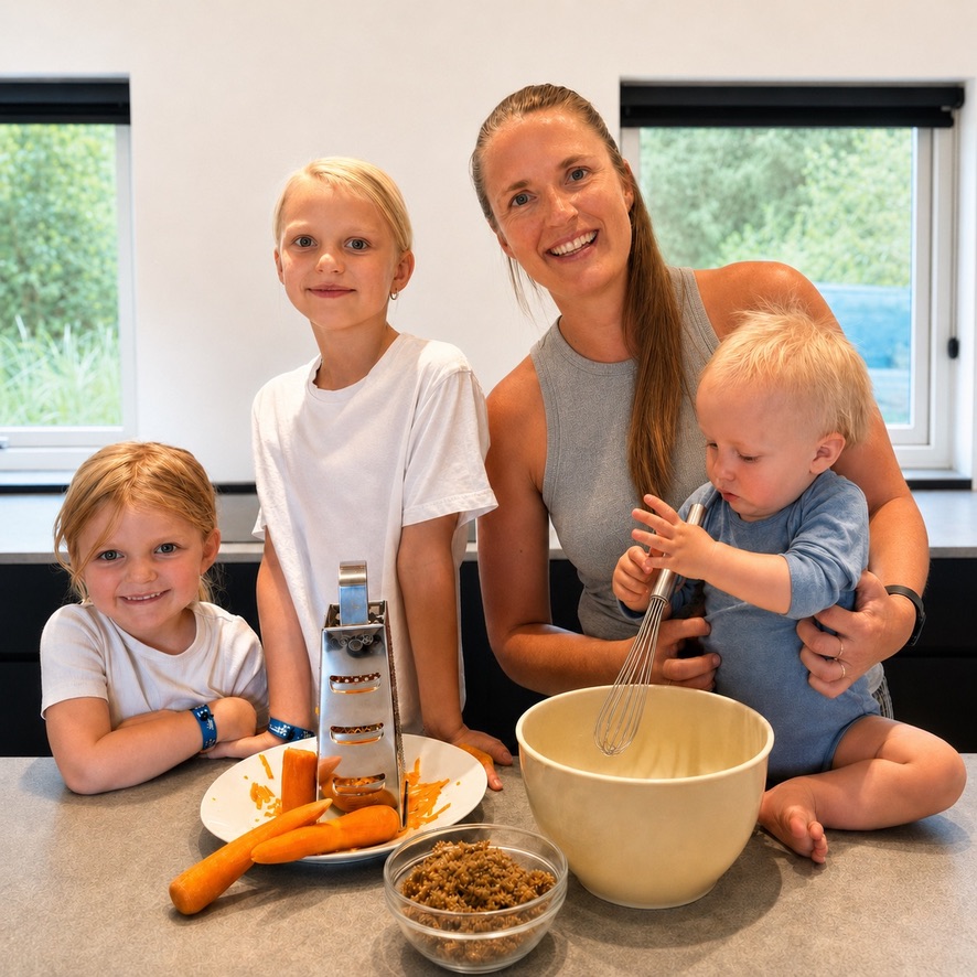 Irina fra Juniorkokkeriet med sine tre børn i køkkenet