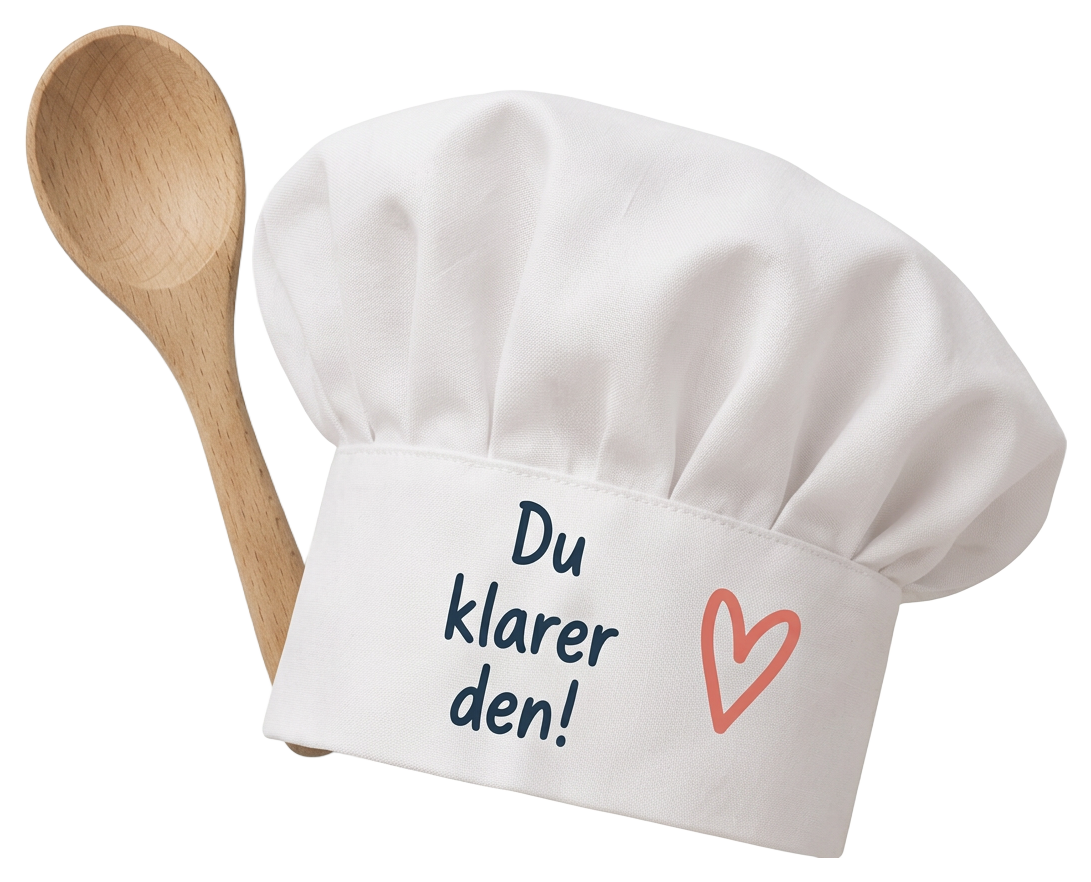 Kokkehue med teksten Du klarer den og en grydeske